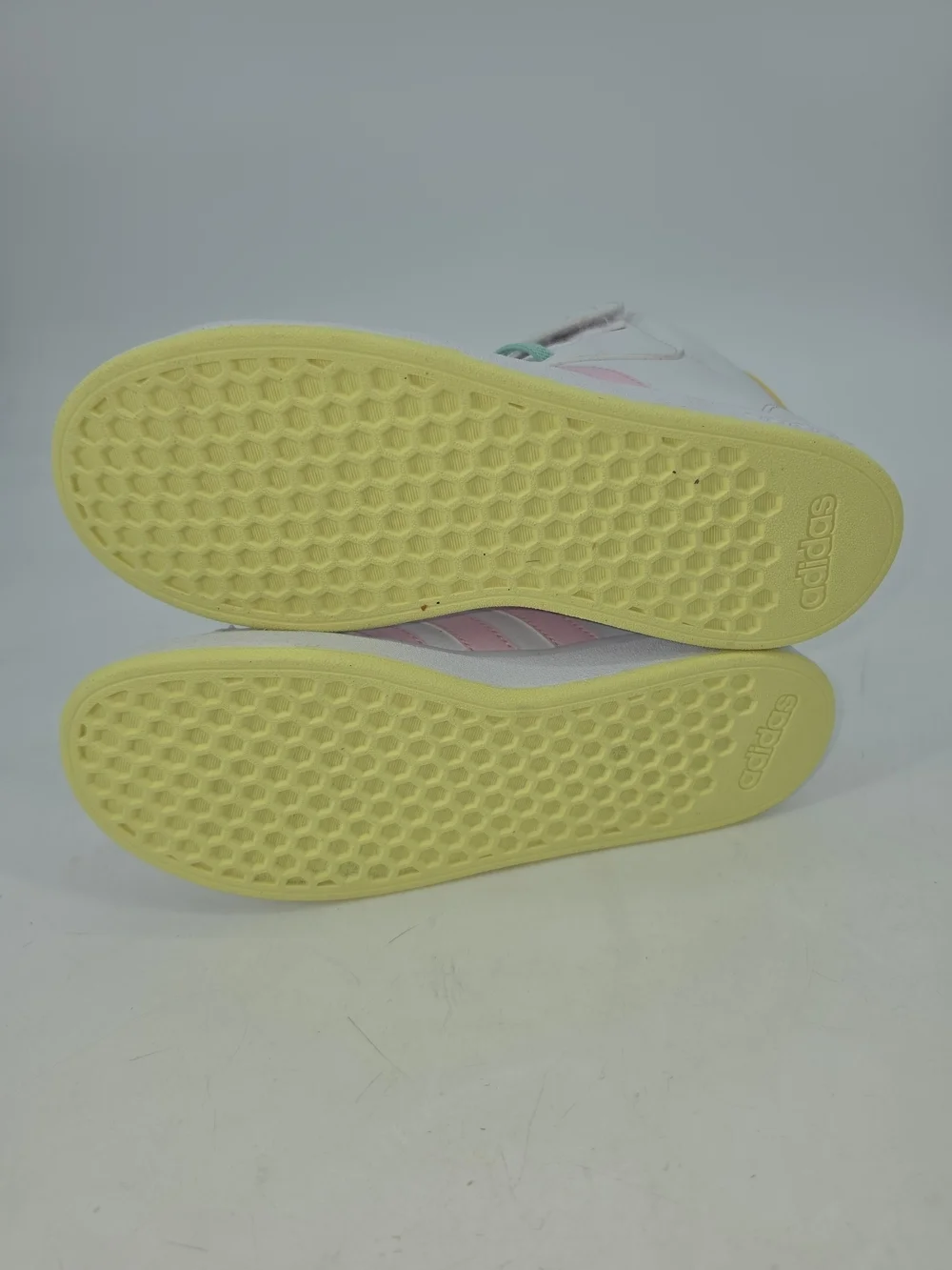 Adidas High-Top Sneakers in White with Pink Stripes and Mint Laces Y 5.5 W 7.5